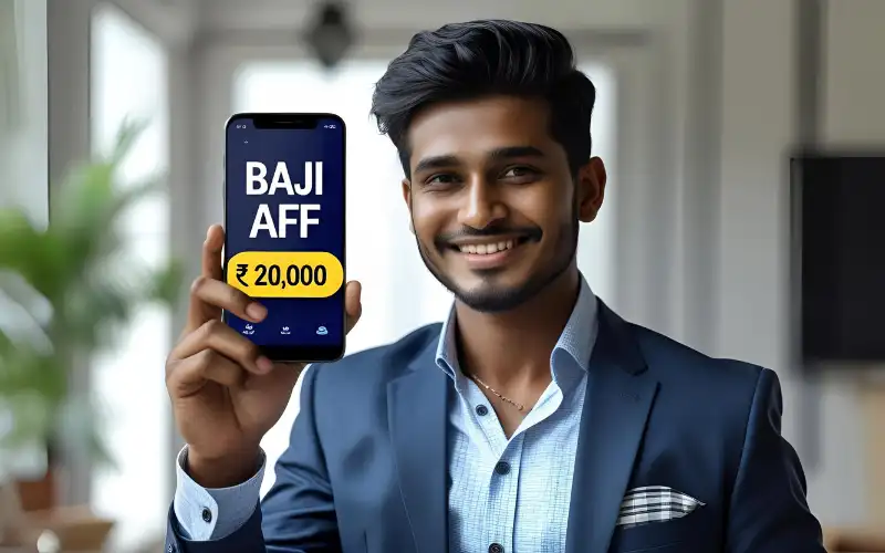 Confident young Bangladeshi man holding a phone, with "Baji Aff" boldly displayed, showing earnings of ৳20,000 on the screen.