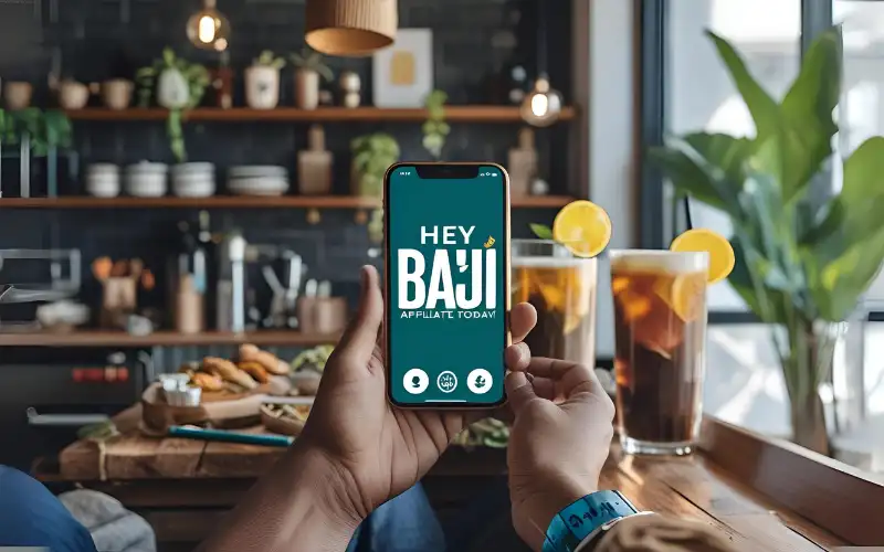 Big, bold HEY BAJI AFFILIATE over Dhaka city skyline with cash rain and a referral link on a mobile screen.
