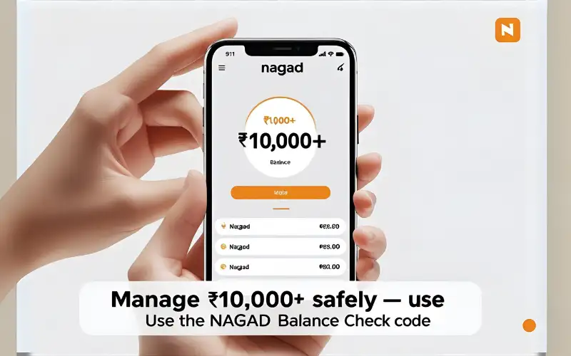 Person using the Nagad mobile app with a visible balance of ৳10,000, emphasizing safe money management using the nagad balance check code.