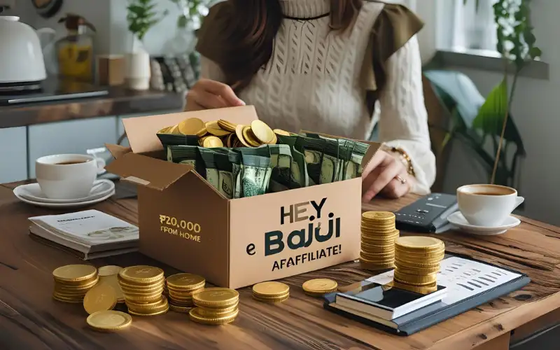  HEY BAJI AFFILIATE large and centered, surrounded by coins, mobile apps, and messaging icons (WhatsApp, Facebook, etc.)
