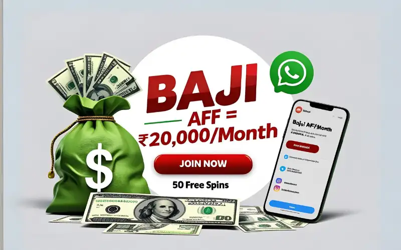 Eye-catching call-to-action banner with “Baji Aff” in big letters, a referral link icon, and bonus offers like ৳20,000 income and 50 free spins.