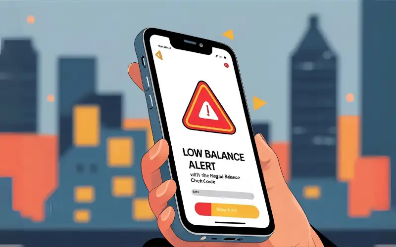 Illustration of a mobile notification alerting low Nagad balance, with text promoting the nagad balance check code for financial awareness.