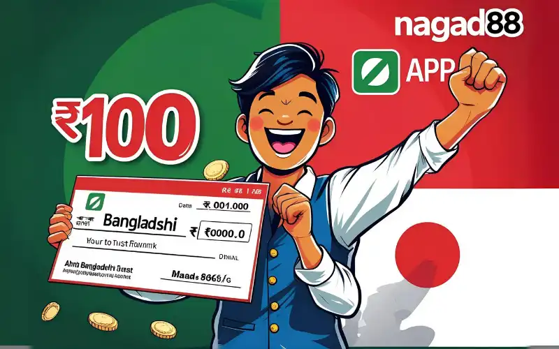 A mobile phone screen showing the Nagad88 app jackpot win of ৳10 lakh in bold, glowing text.