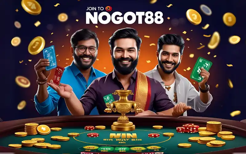 Smiling men celebrating at a casino table with chips and cards — join nogot88 and win ৳1,00,000 daily.