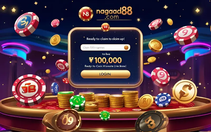 Mobile screen showing nagad88.com login and a flashing ৳100,000 jackpot banner