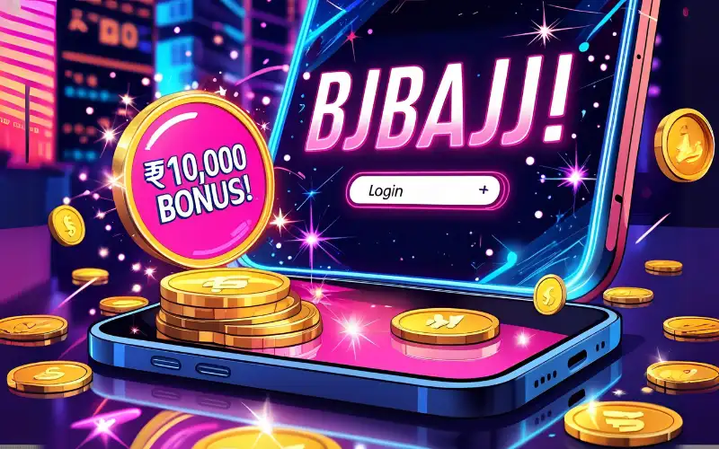 Bold login screen with BJ BAJI LOGIN and money flying