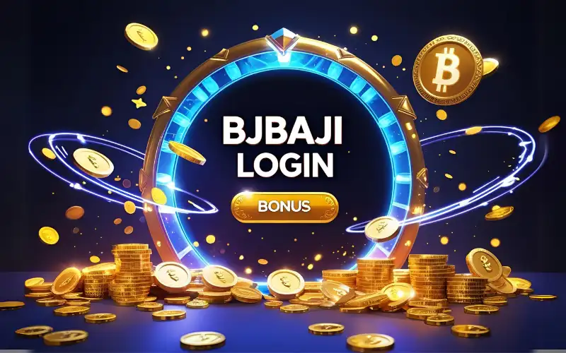 Login portal glowing with coins and big BJ BAJI LOGIN text