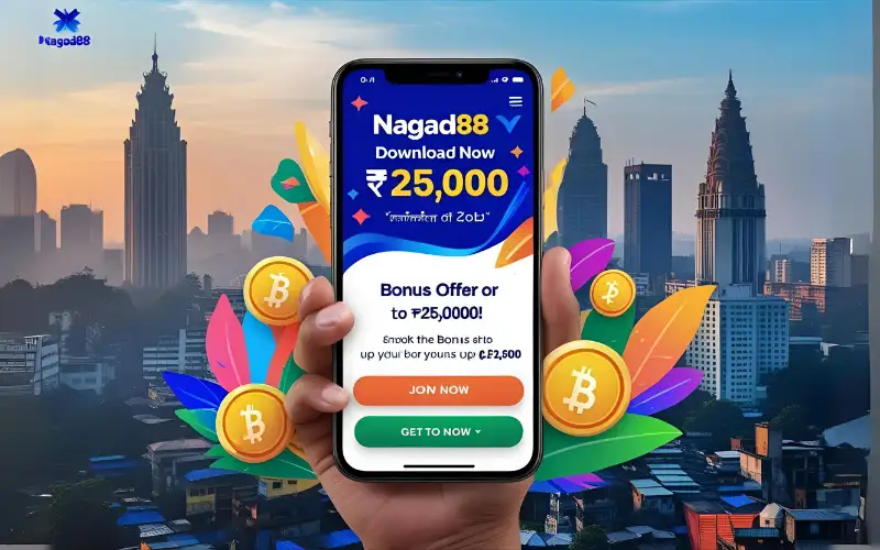 Stack of cash and phone screen showing Nagad88 welcome bonus in Bangla.