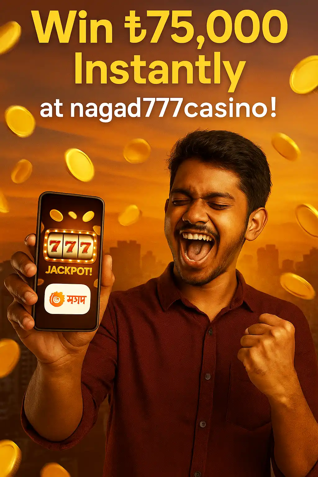 "Player from Dhaka celebrates winning ৳75,000 on nagad777casino with coins flying from a mobile slot machine."