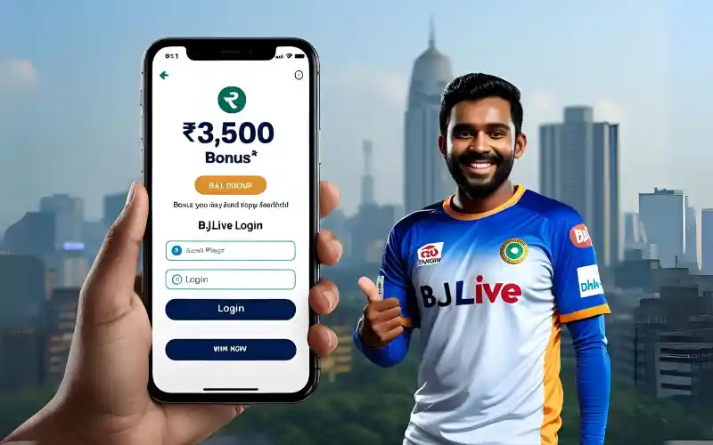 BJ Live Login bonus screen on phone with happy player.