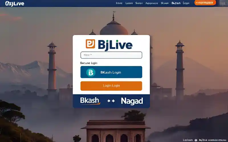 Mobile login with BJ Live, Bkash and Nagad icons visible.