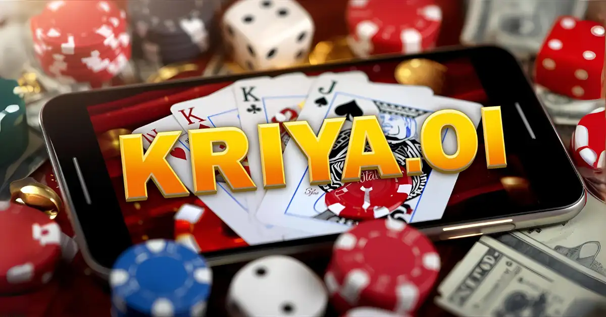 “Smartphone with cards, poker chips, dice, and money, with ‘krikya.oi’ overlay.”