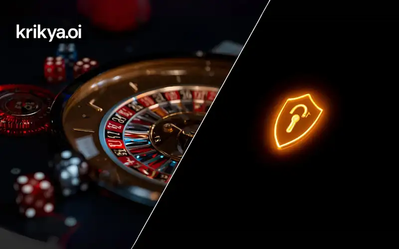“Casino roulette wheel and dice on one side, smartphone with padlock on the other, highlighting risk and security, with ‘krikya.oi’ overlay.”