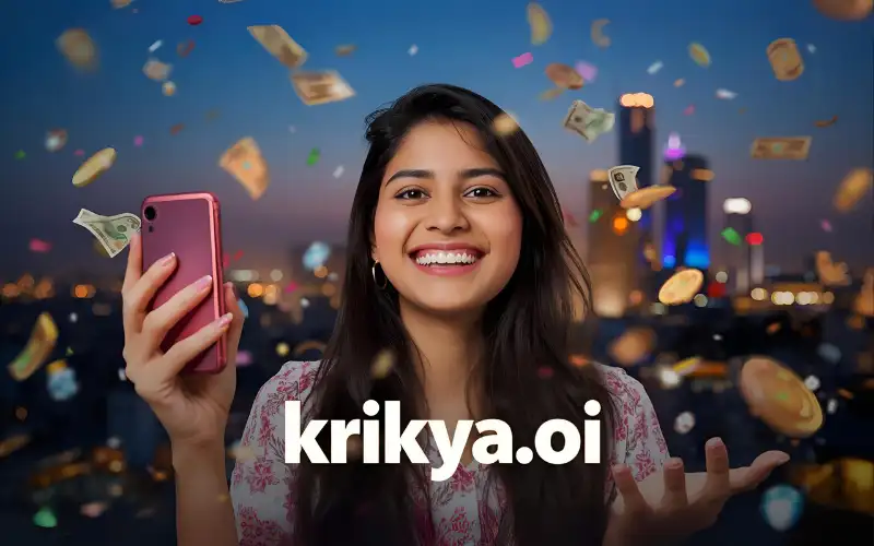 “Young person celebrating with smartphone, Dhaka skyline in background, with confetti and ‘krikya.oi’ overlay, highlighting winning moment.”