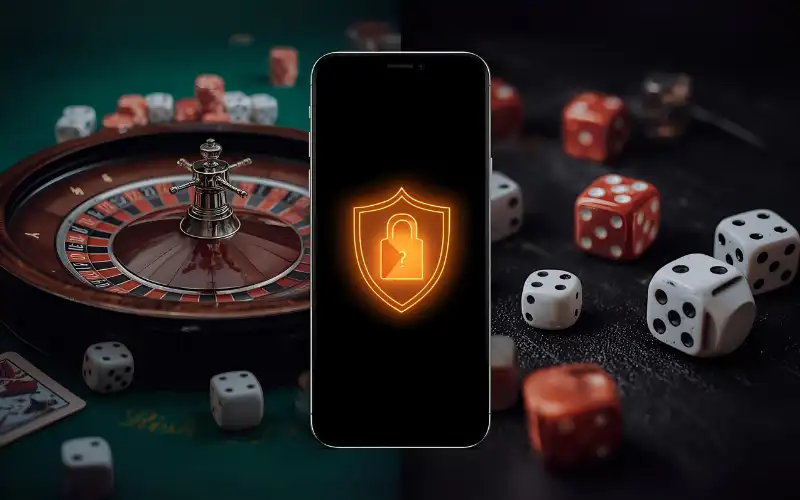  "Roulette wheel and dice in motion representing risk, paired with a smartphone showing a padlock and shield symbolizing security."
