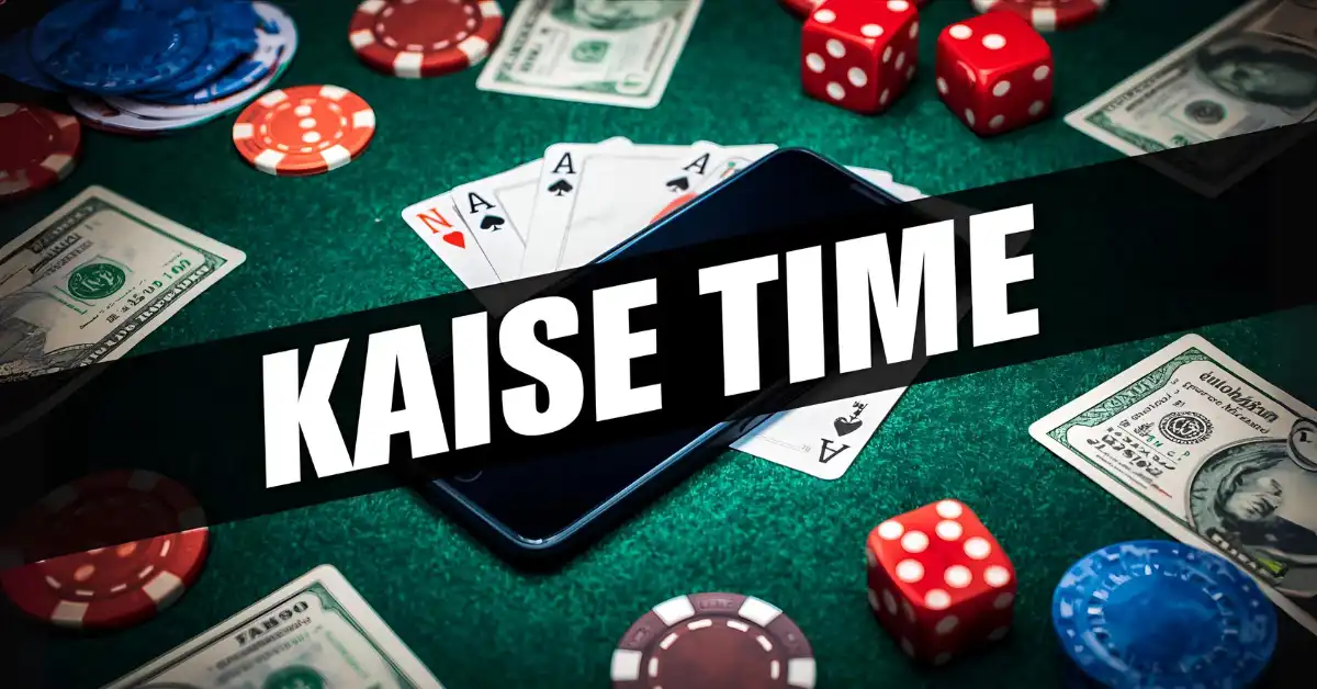 Cards, poker chips, dice, and money on a smartphone with large overlay text “kaise time live”