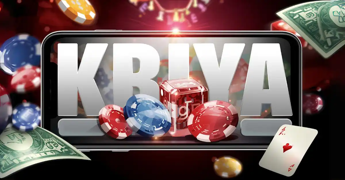 "Cards, chips, dice, and money displayed on a smartphone with the keyword 'kriya login' overlay."