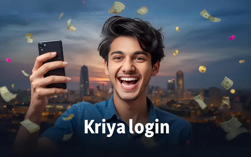 "Young person celebrating with a smartphone in Dhaka, with confetti, glowing screen, money, and casino hints, featuring the overlay 'kriya login'."
