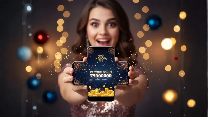 Eye-catching mobile casino interface displaying krikya apk bonuses, coins, and celebratory sparkles.
