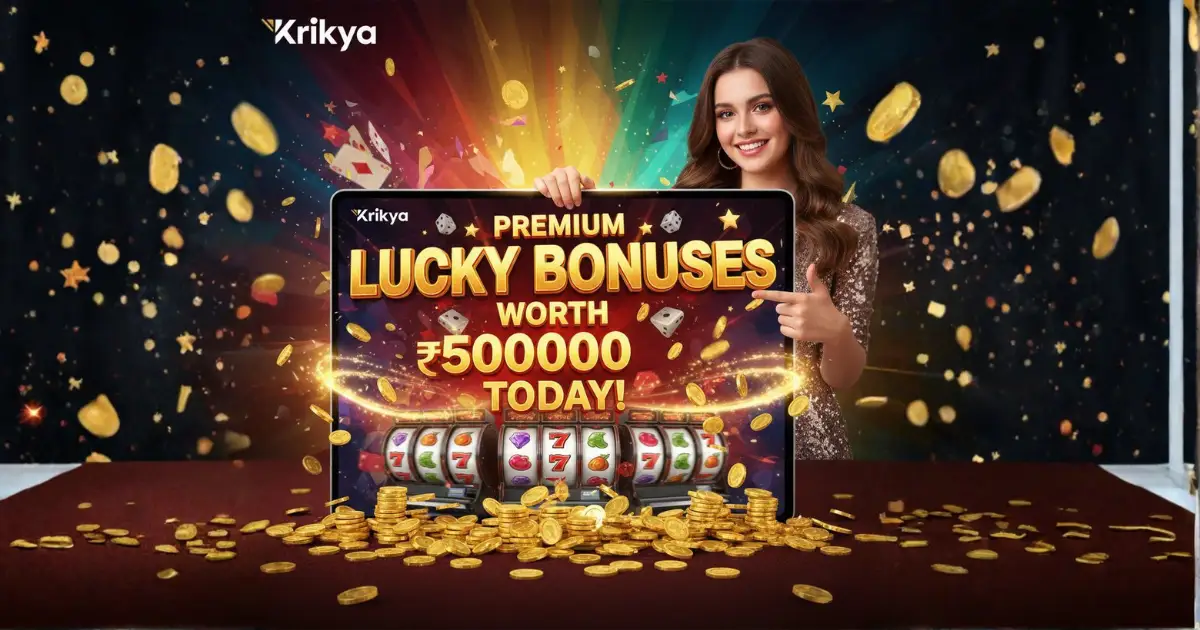 Colorful casino-themed design showing stacks of cash, spinning slot machines, and shining gold coins representing krikya apk’s huge bonuses.